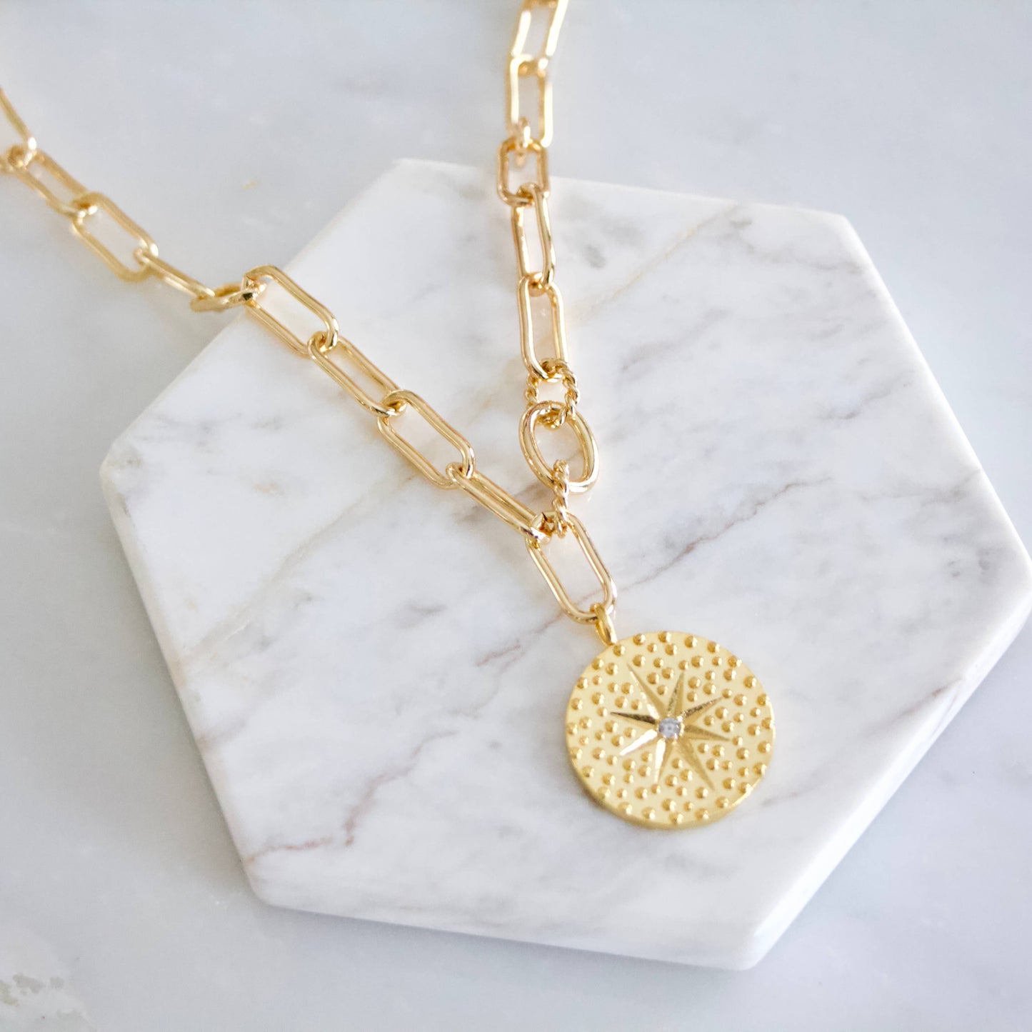 Starburst Coin Paperclip Necklace