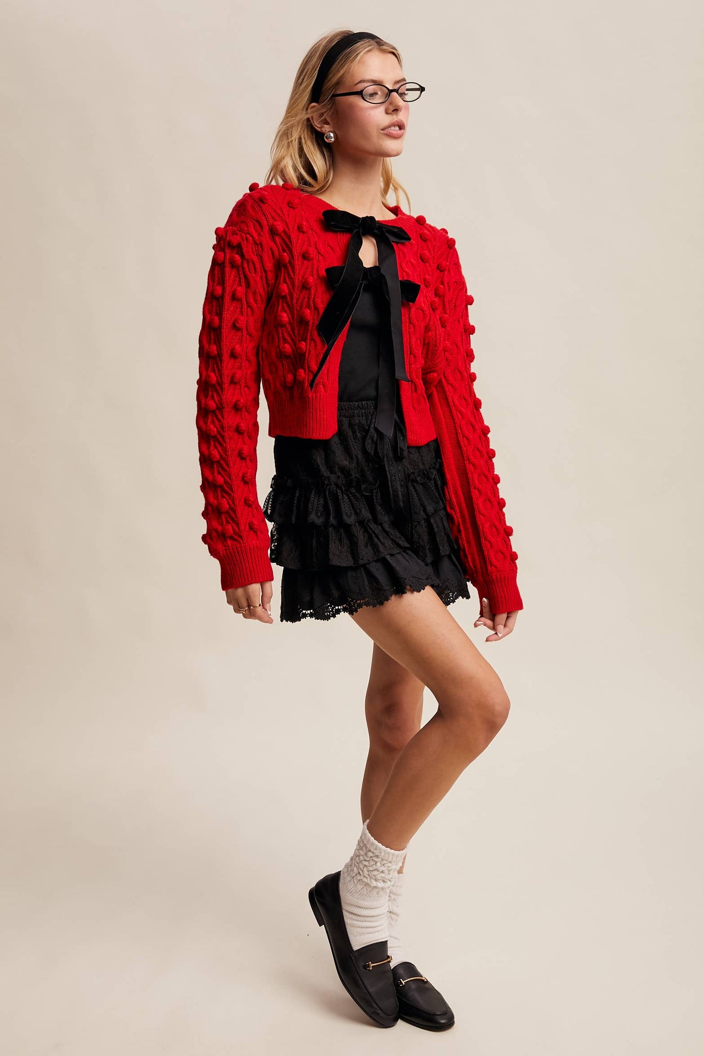 Noel Bow Pom Tie Cardigan
