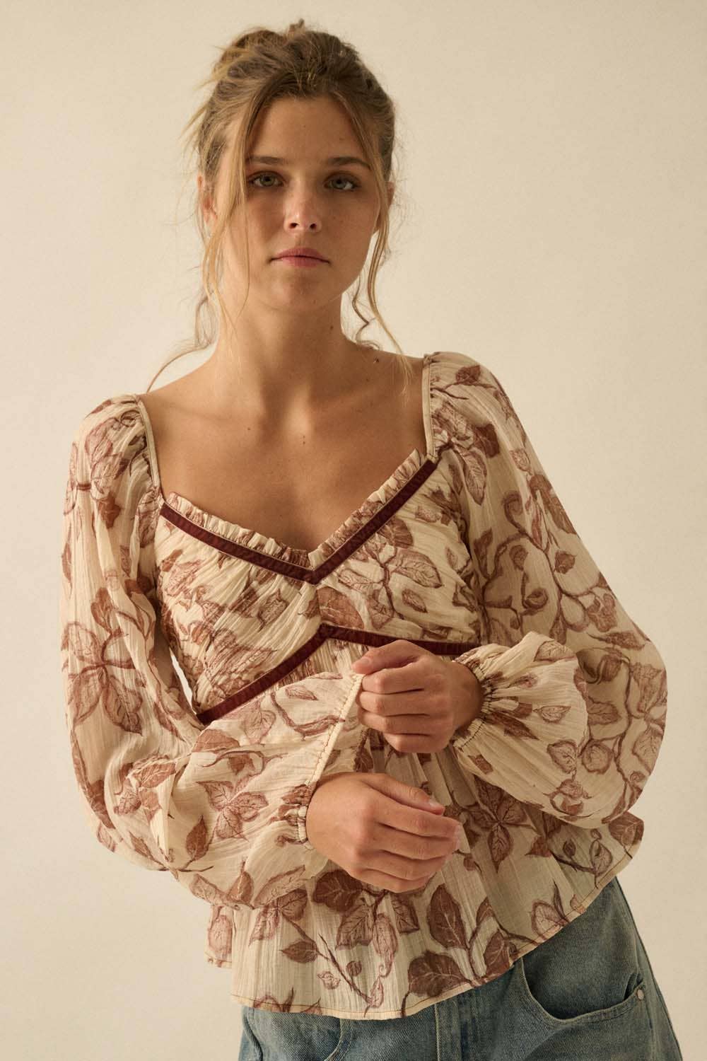 Henna Velvet-Trim Babydoll Top