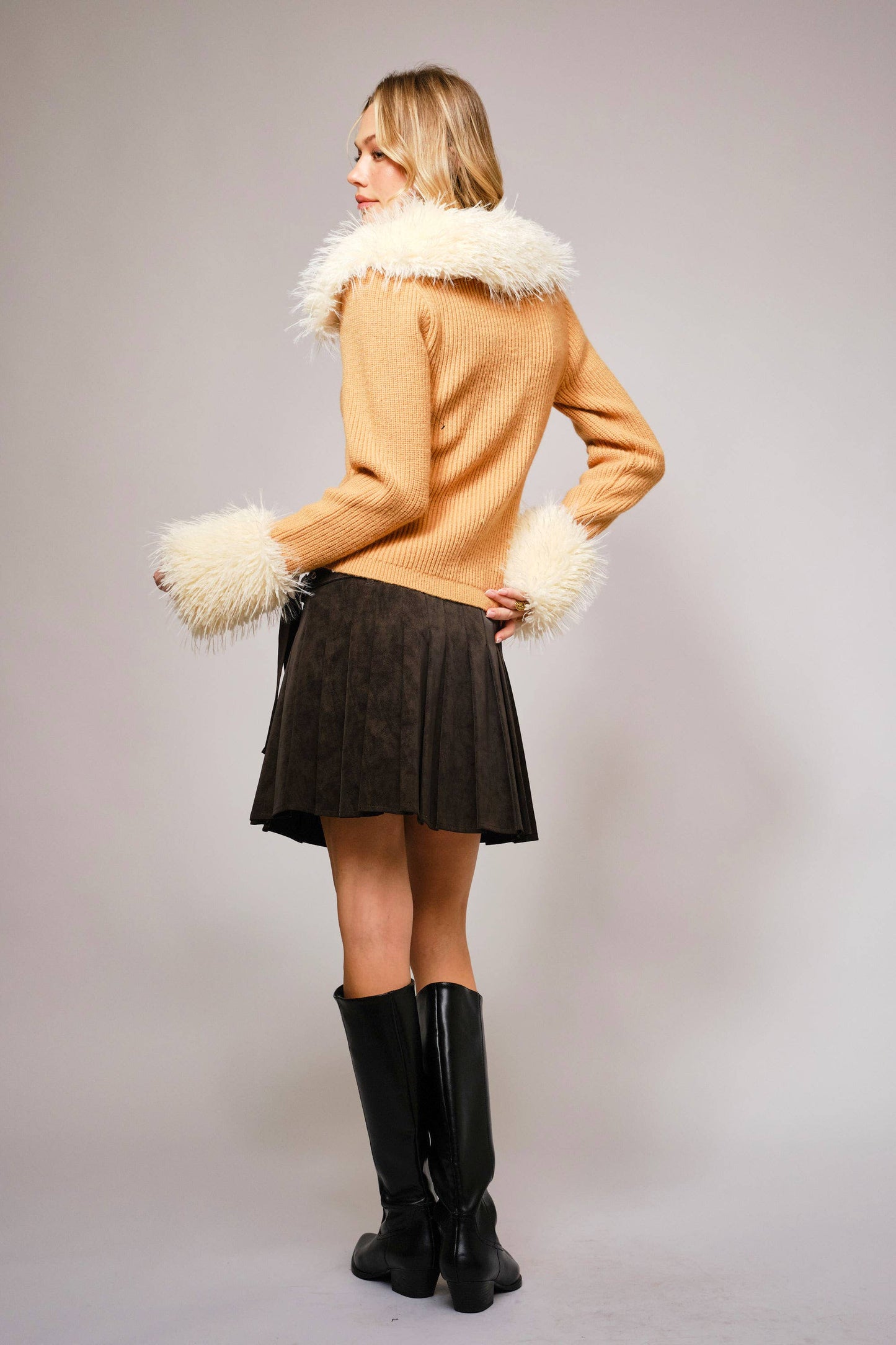 Gwen Fur Trim Lace Up Cardigan