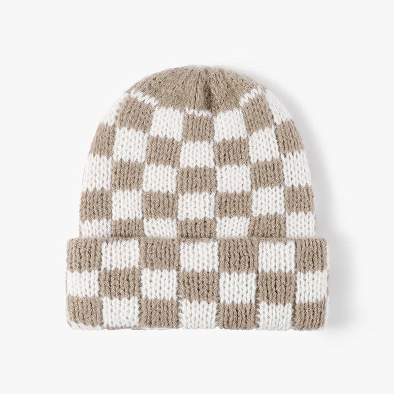 Neutral Check Knit Beanie