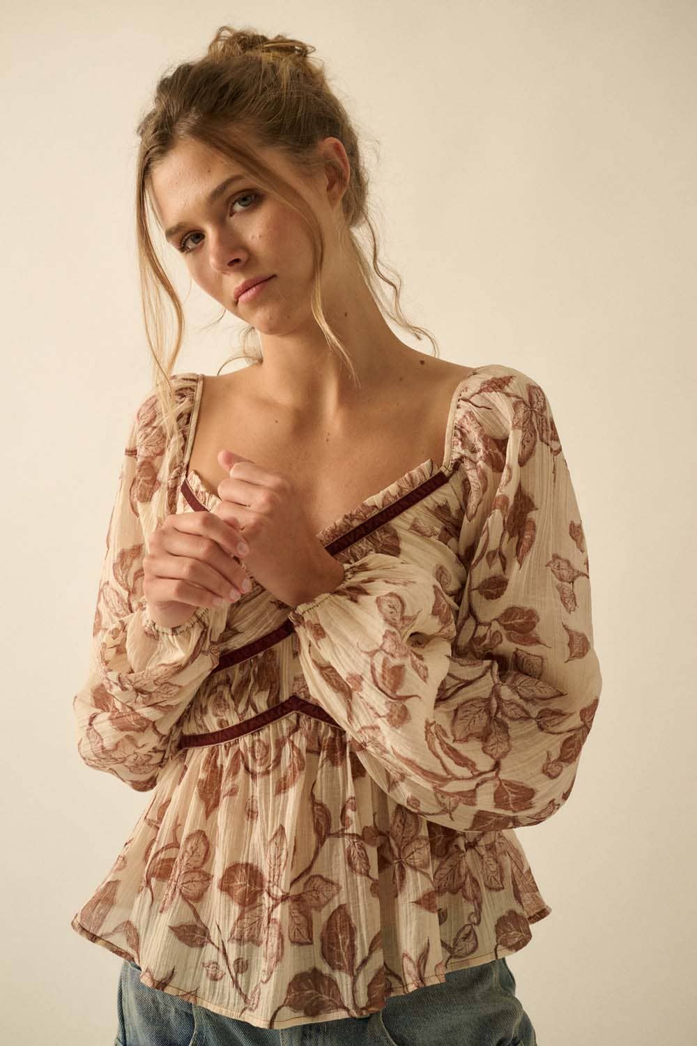 Henna Velvet-Trim Babydoll Top