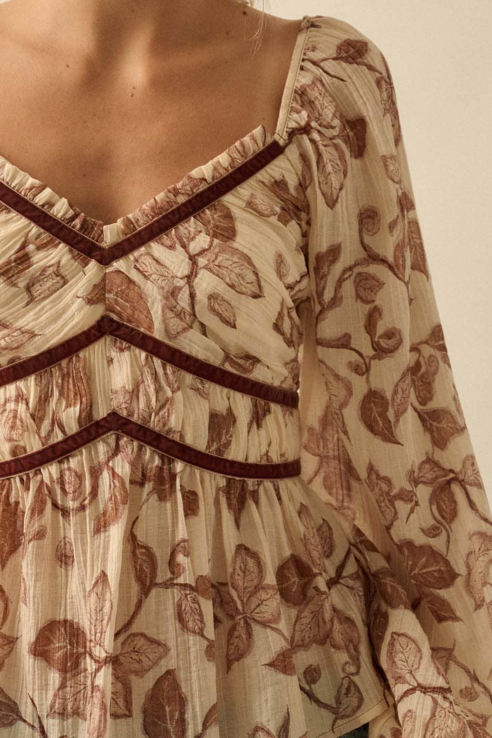 Henna Velvet-Trim Babydoll Top