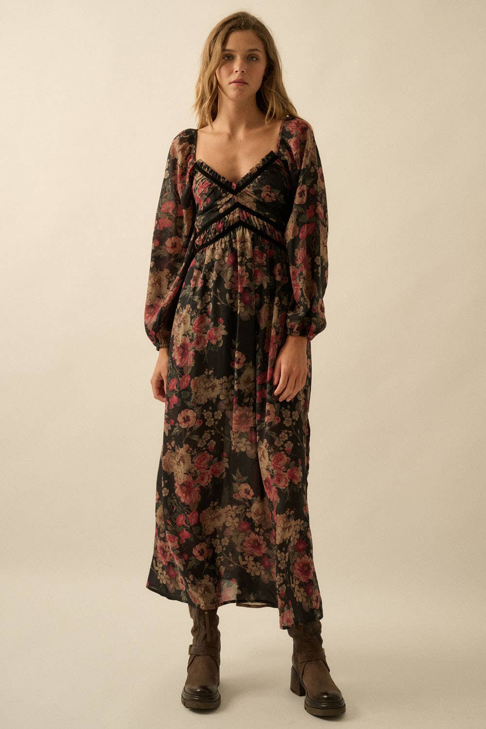 Violet Velvet Trim Maxi Dress