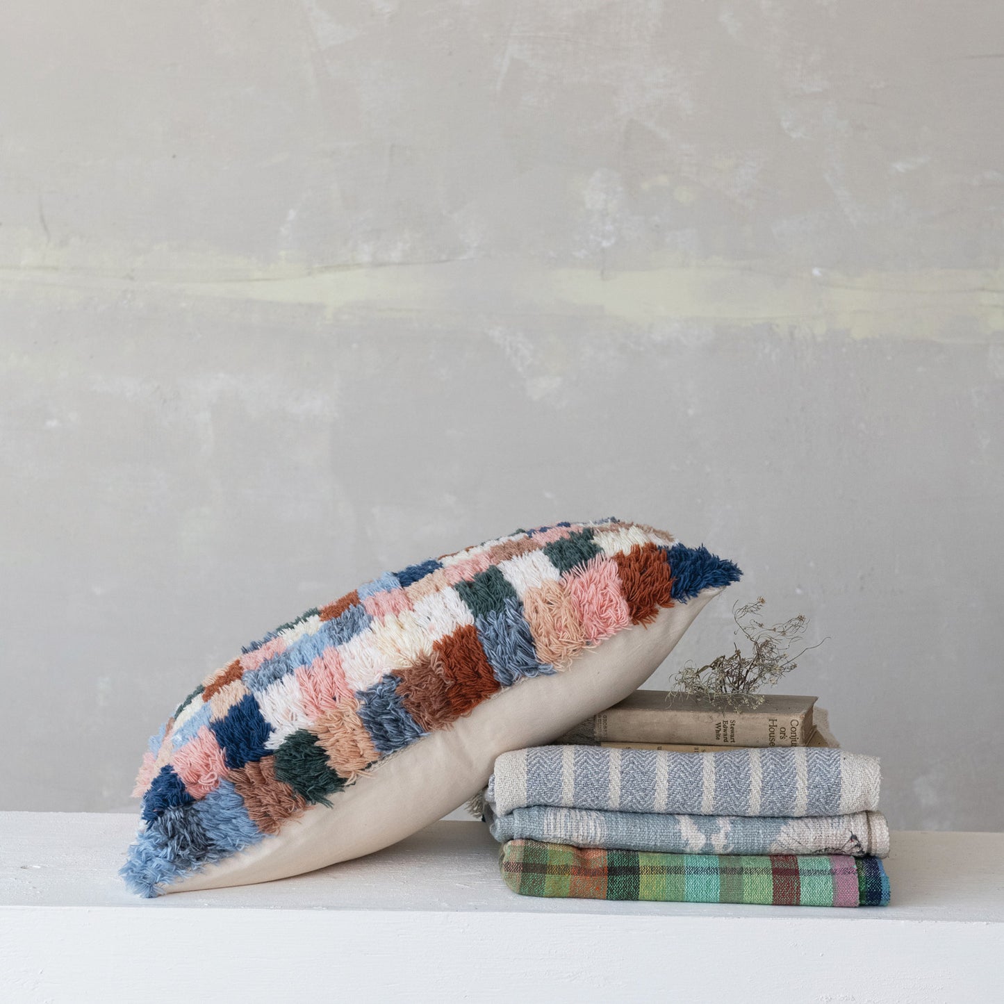 24" Checkered Shag Wool Pillow