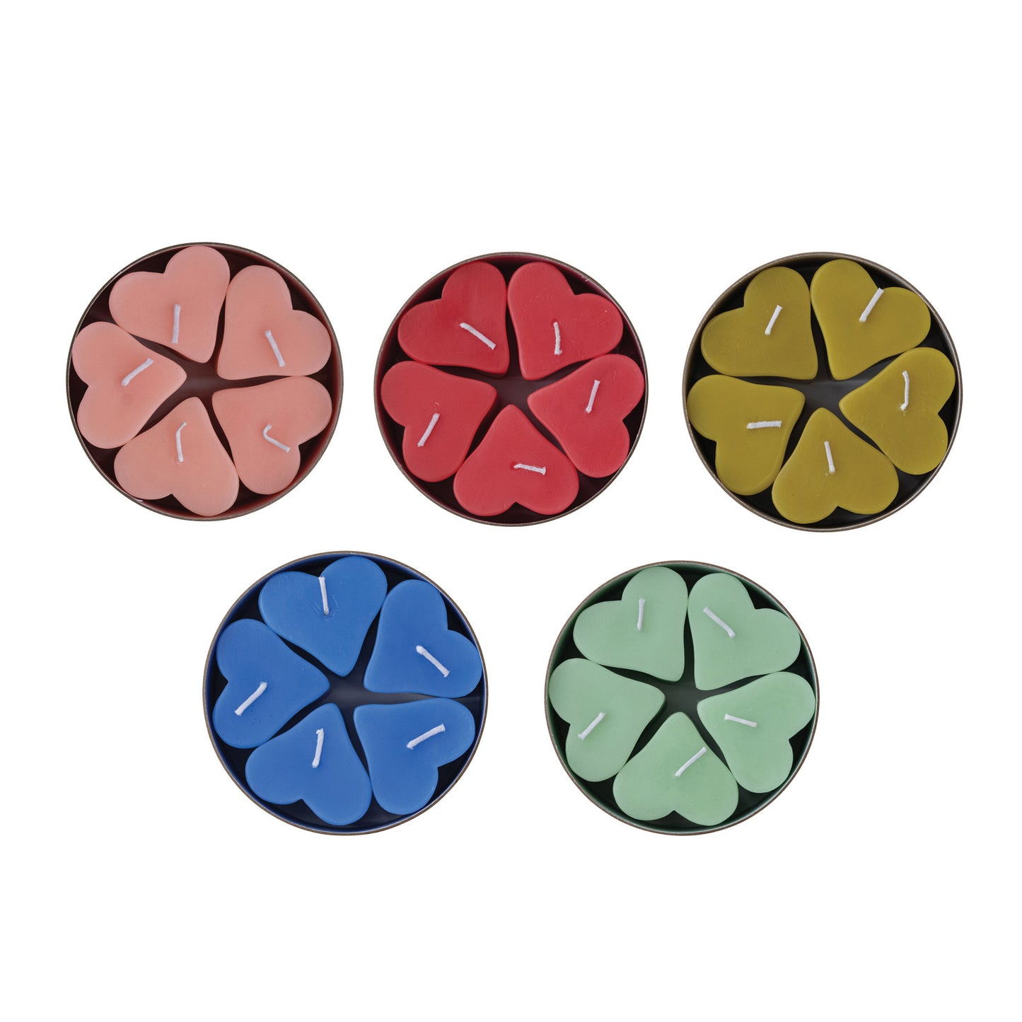 Unscented Heart Shaped Candles in Box, Set of 5, 5 Colors (Est. Burn Time 4 Hours)
