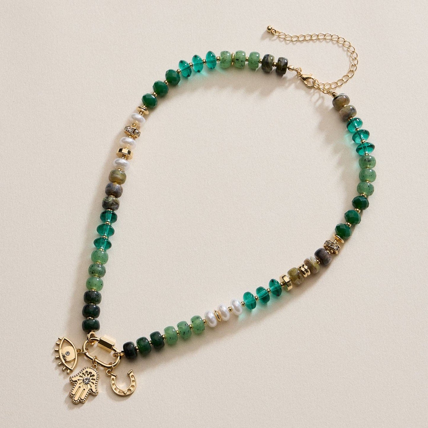 Glass Stone & Charm Necklace - Three Colors