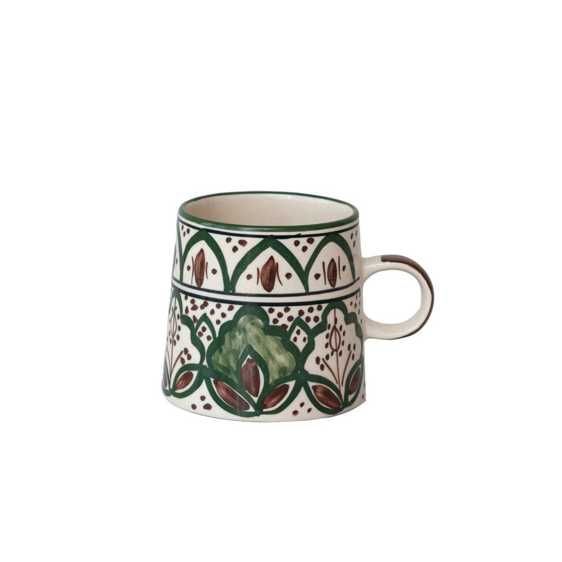 10 oz. Hand-Painted Stoneware Mug w/ Design, Cream Color, Brown & Green