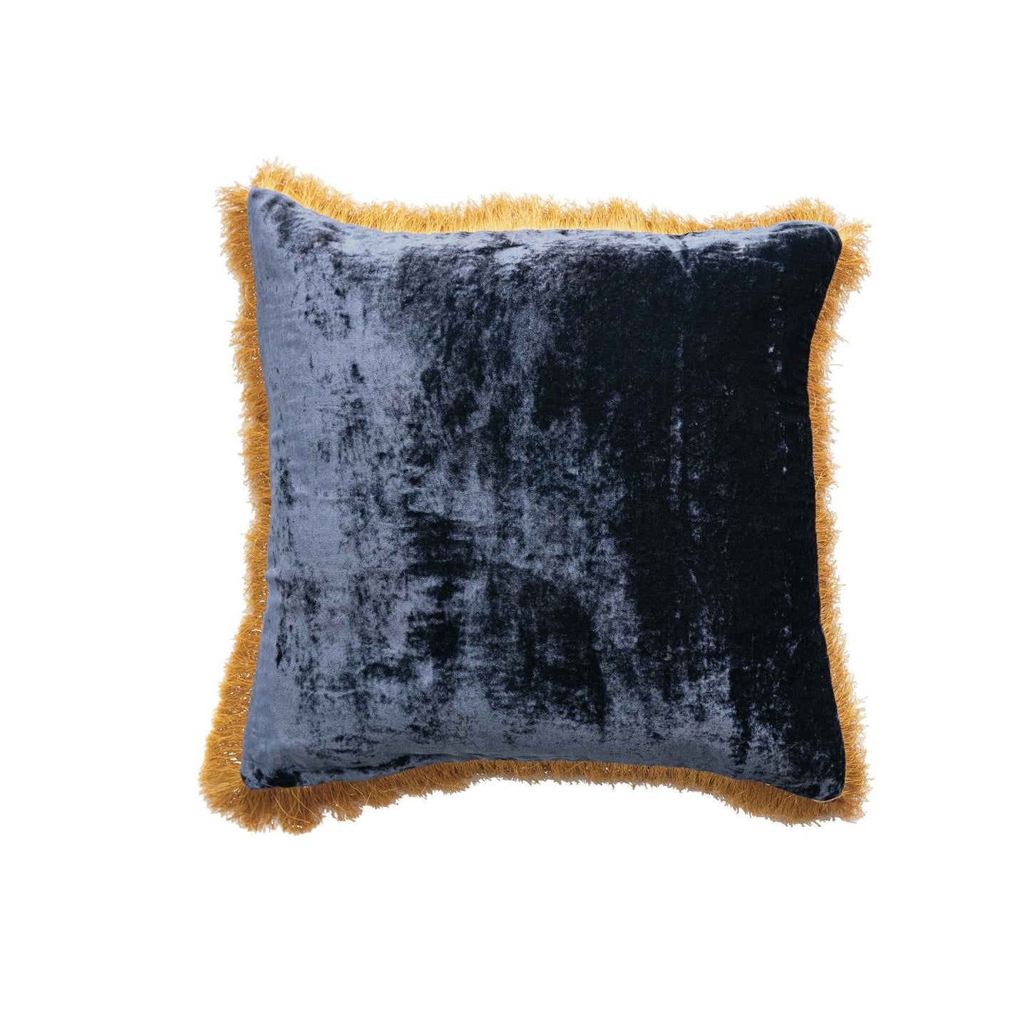 20" Square Fabric Blend Pillow w/ Fringe, Navy & Gold Color