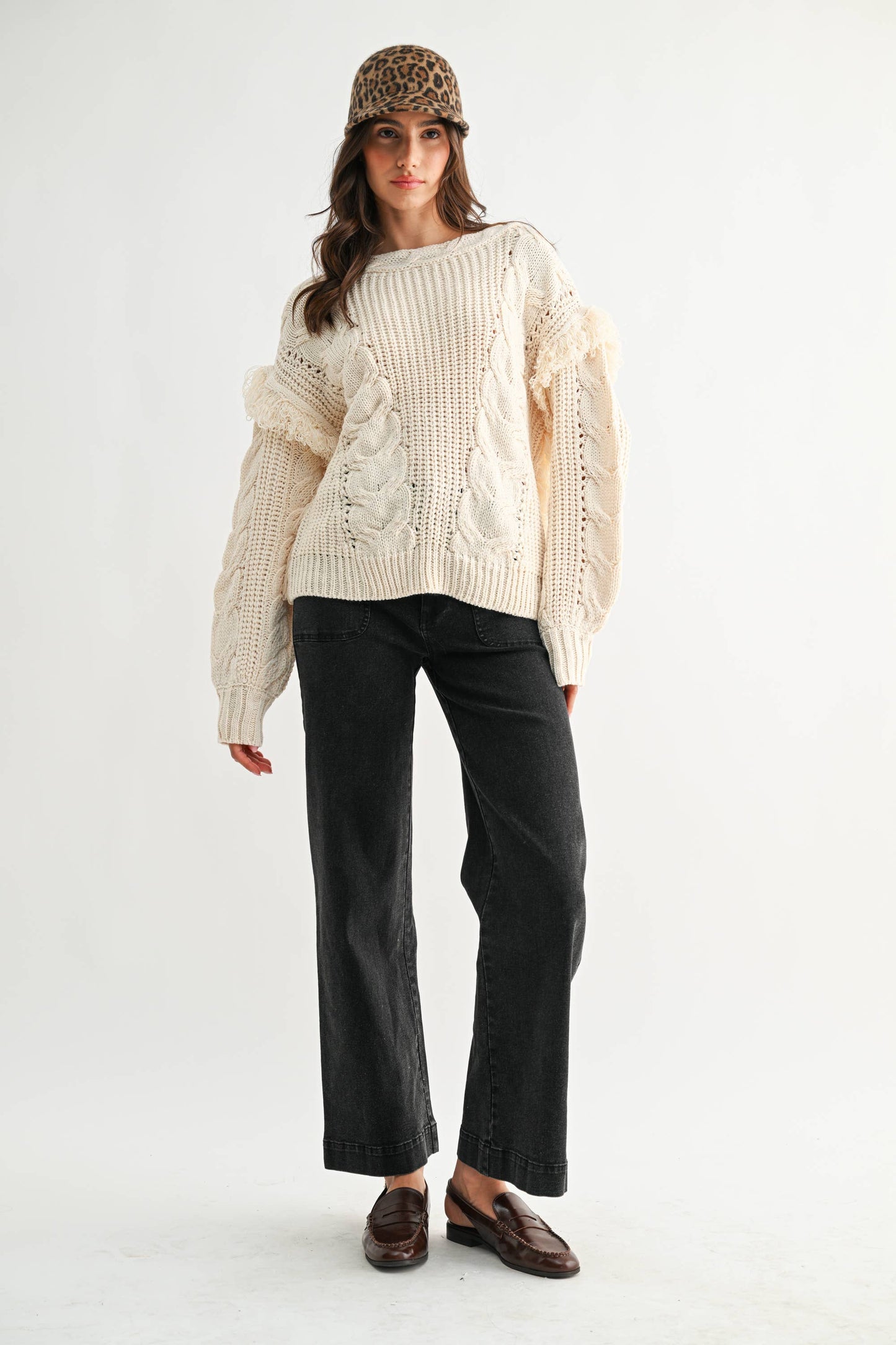 Nina Fringe Cable Knit Sweater