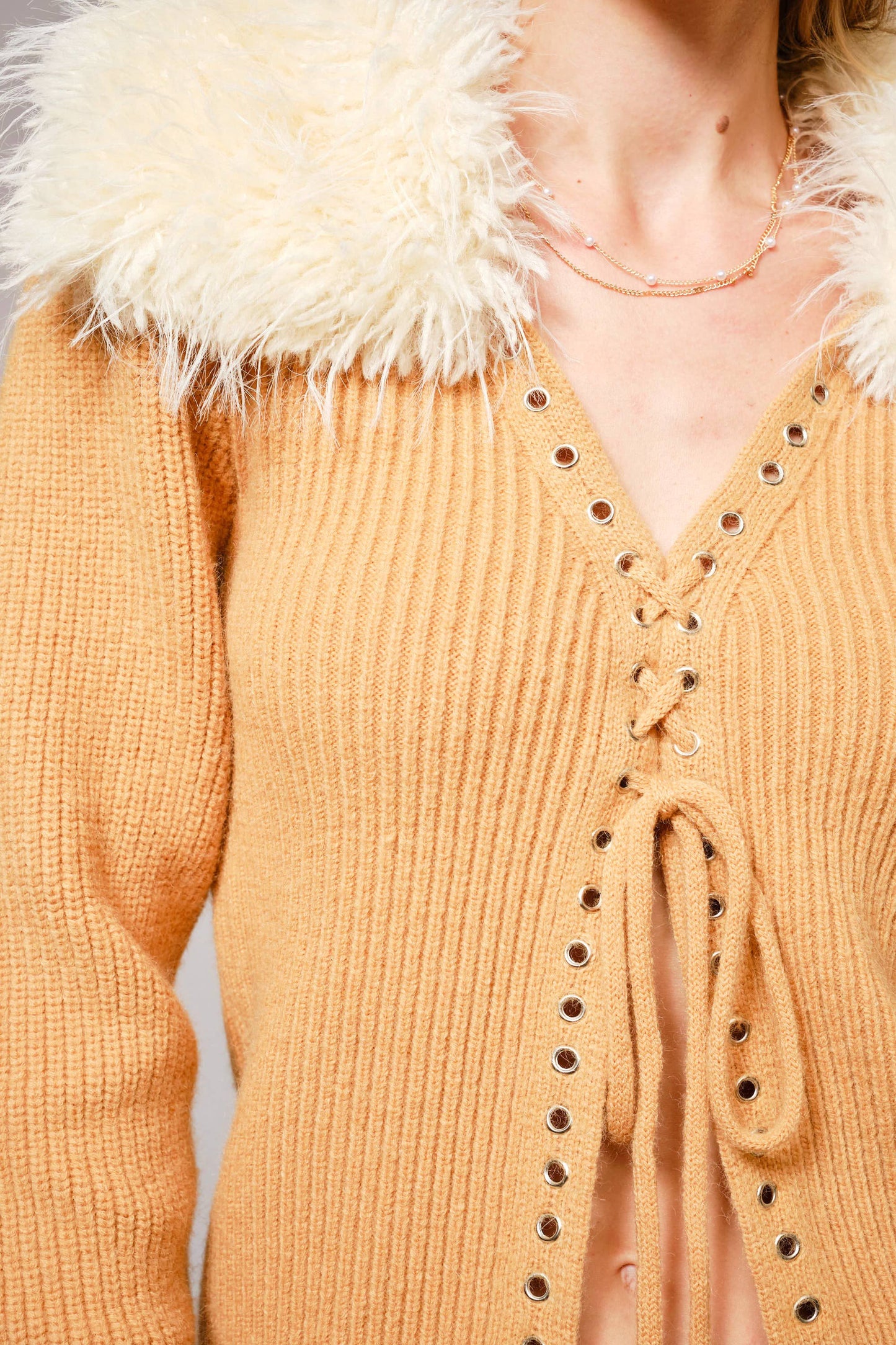 Gwen Fur Trim Lace Up Cardigan