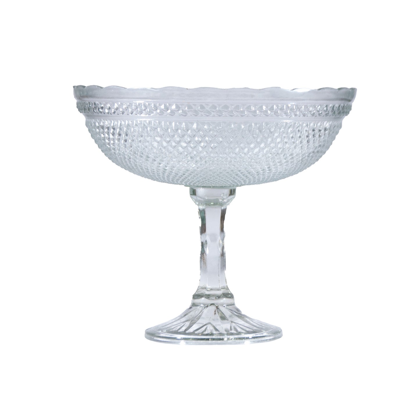 9" Round x 7-1/4"H Pressed Glass Scalloped Footed Bowl