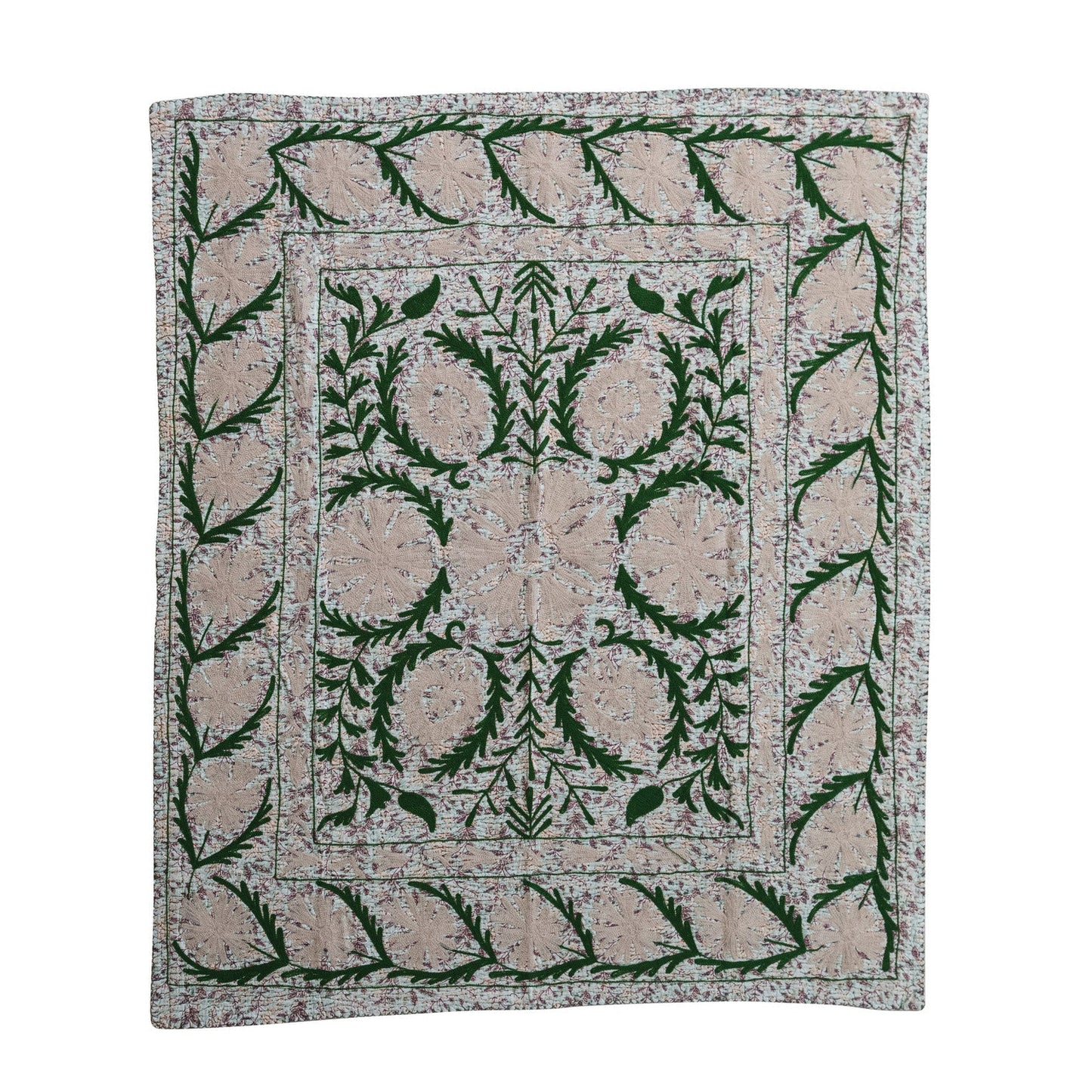 Voile Printed Throw with Suzani Pattern & Hand-Embroidered Kantha Stitch