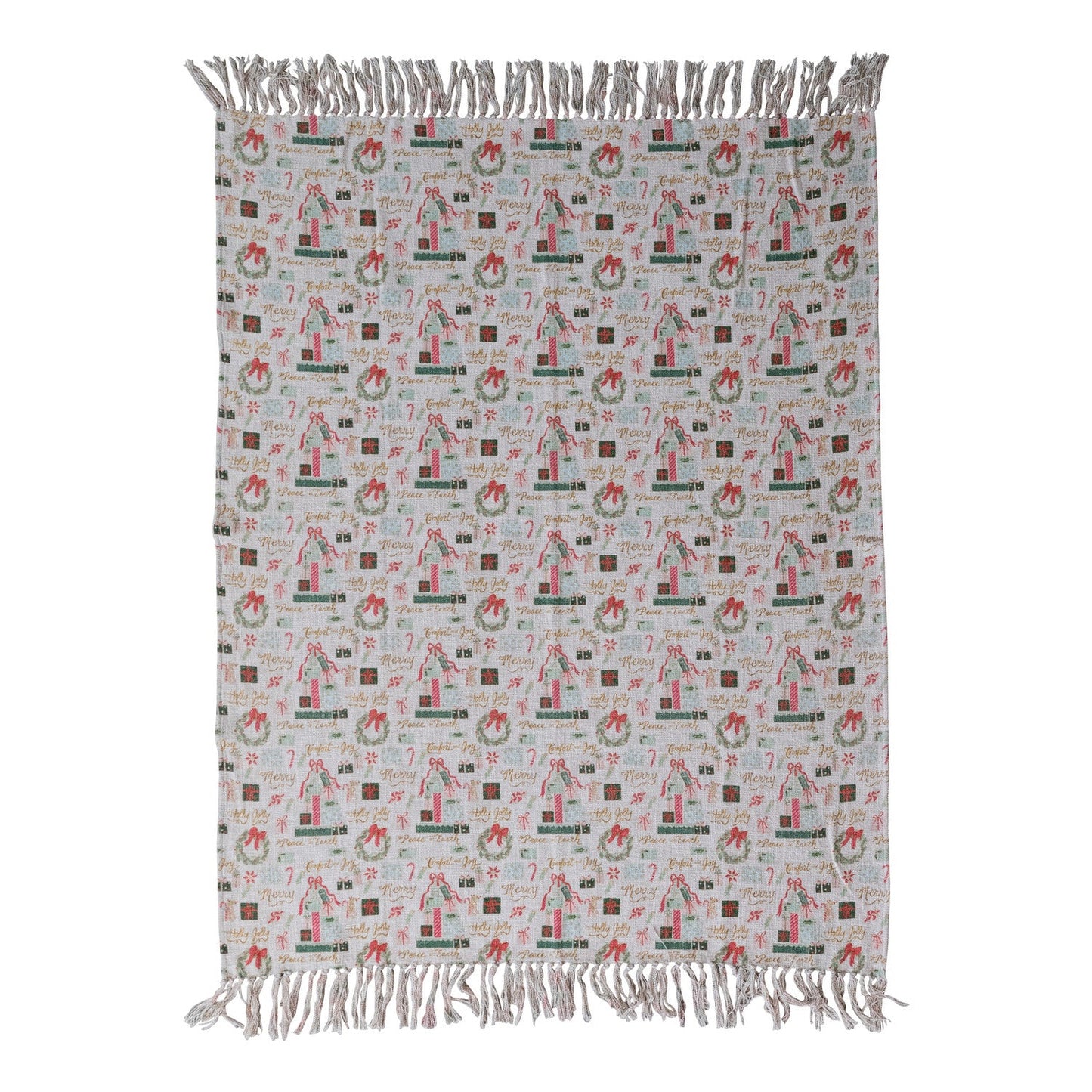 Cotton Slub Printed Throw with Holiday Pattern & Fringe ©