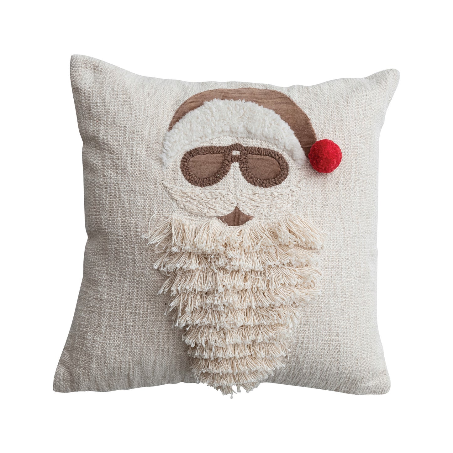 20" Square Pillow with Embroidered Image, Pom Pom & Fringe Beard