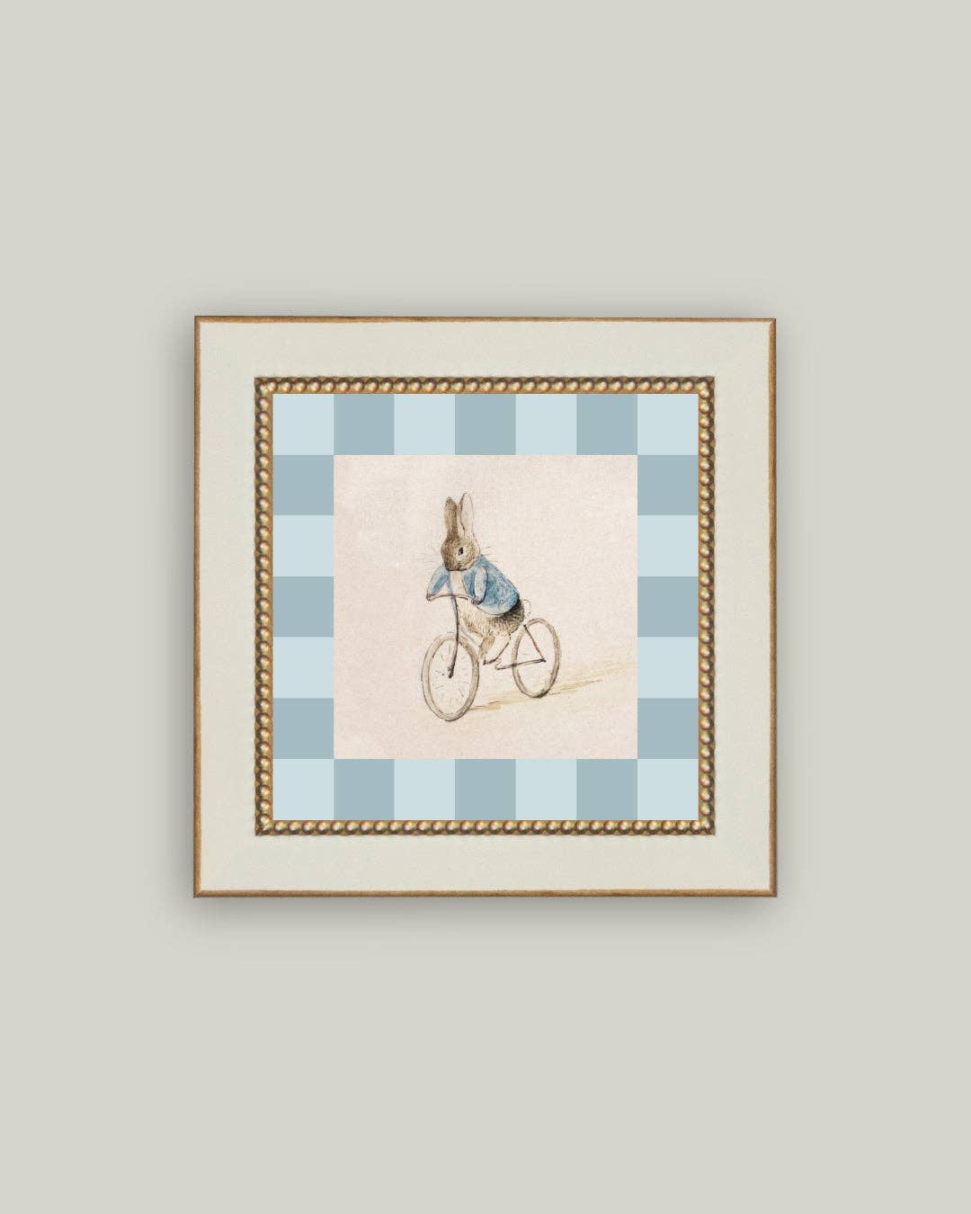 Checkered Biking Bunny Framed Antique Art