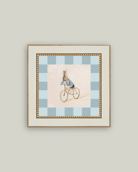Checkered Biking Bunny Framed Antique Art