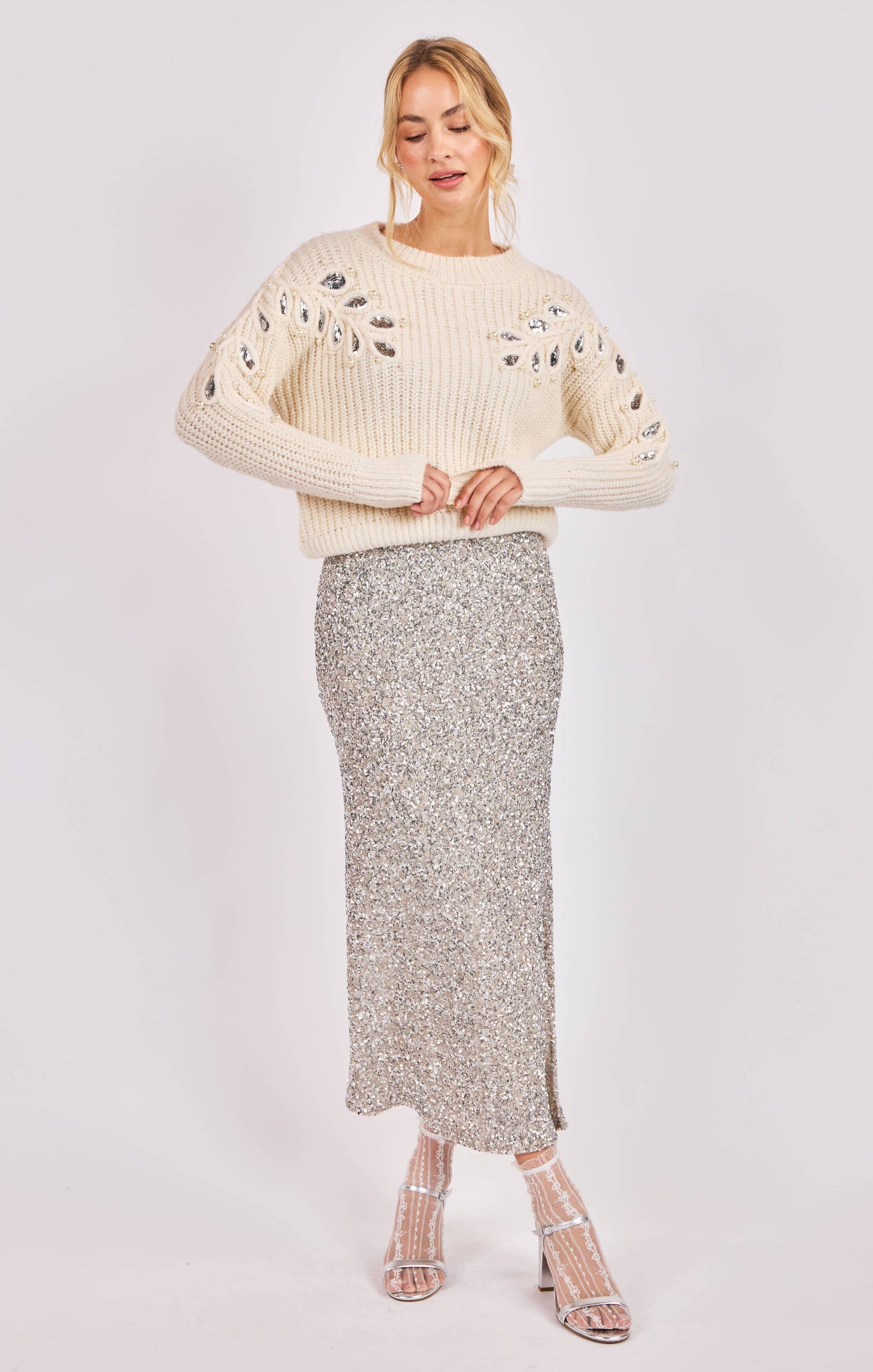 Monroe Leaf Cutout Embellished Sweater