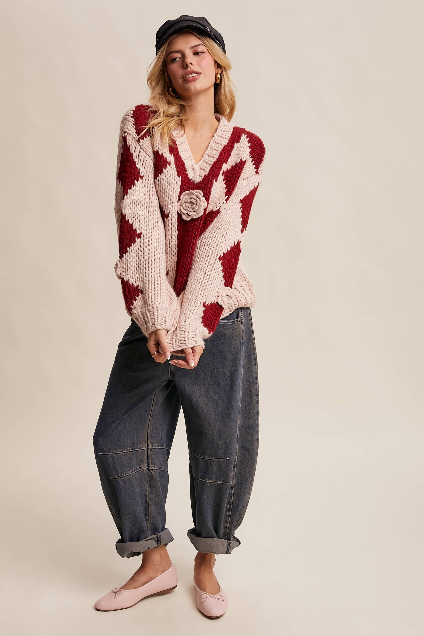 Layla 3D Floral Handmade Argyle Sweater