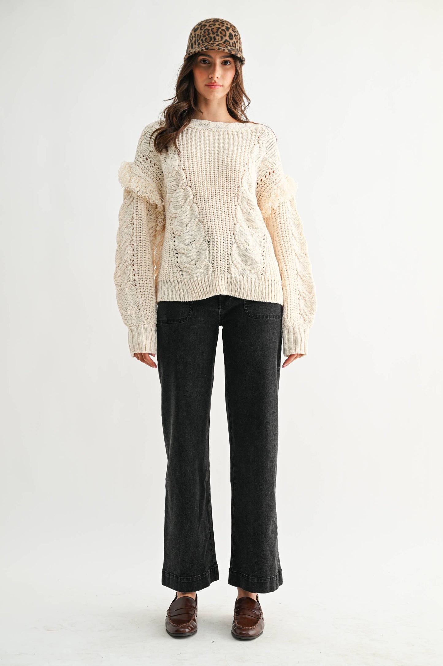 Nina Fringe Cable Knit Sweater