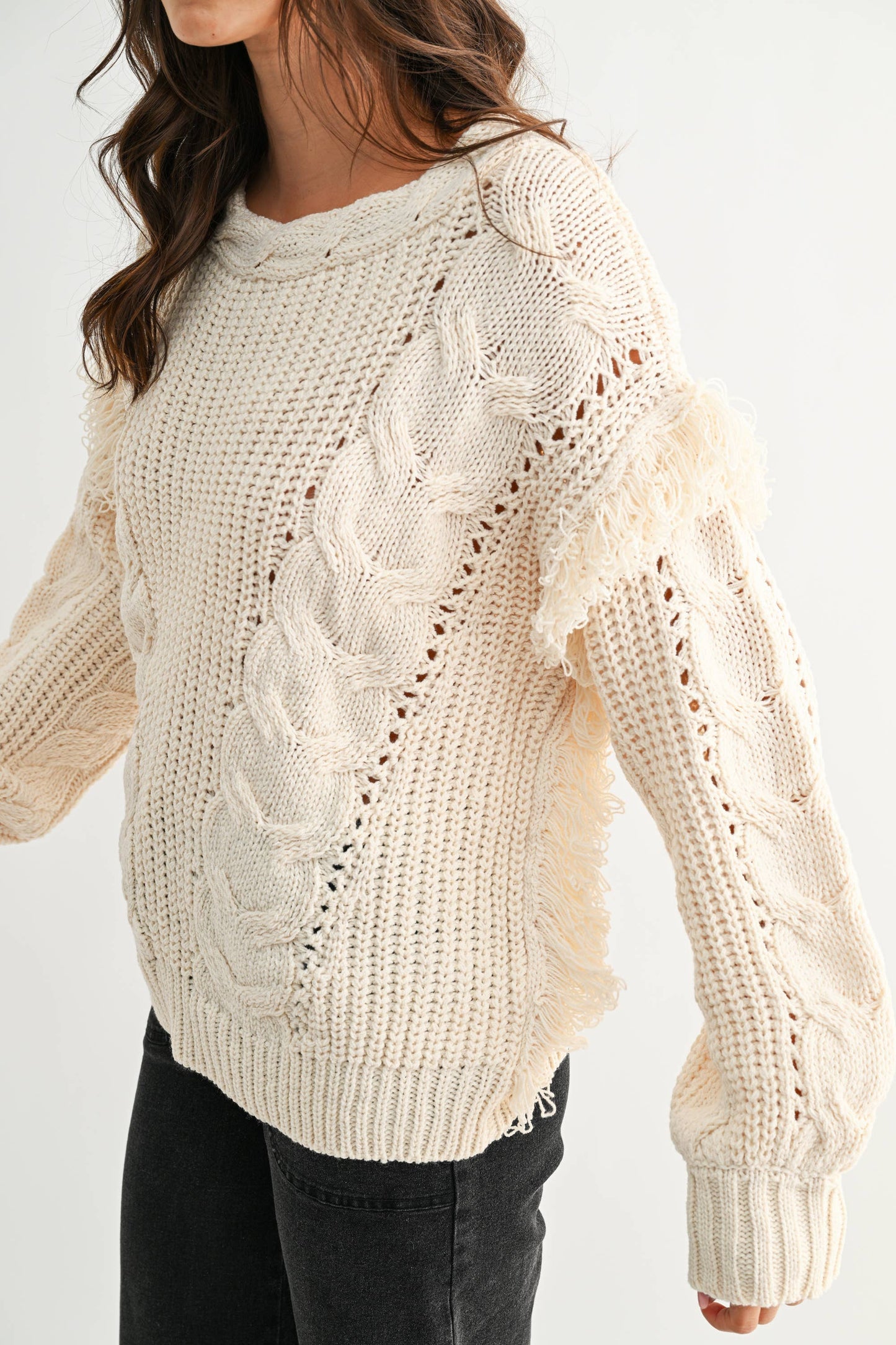 Nina Fringe Cable Knit Sweater