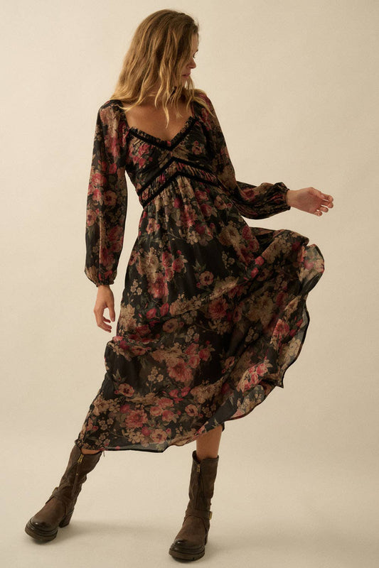 Violet Velvet Trim Maxi Dress