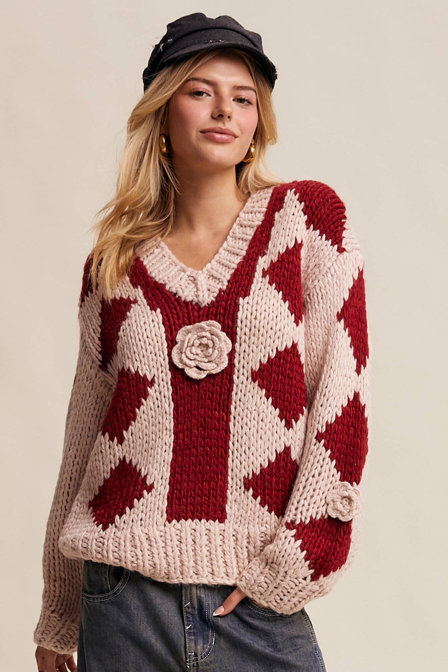 Layla 3D Floral Handmade Argyle Sweater