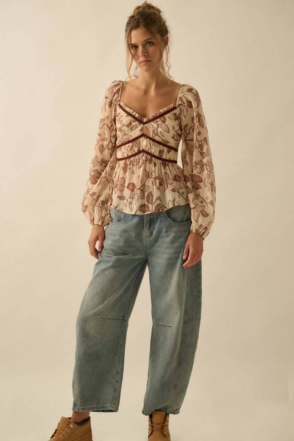 Henna Velvet-Trim Babydoll  Top