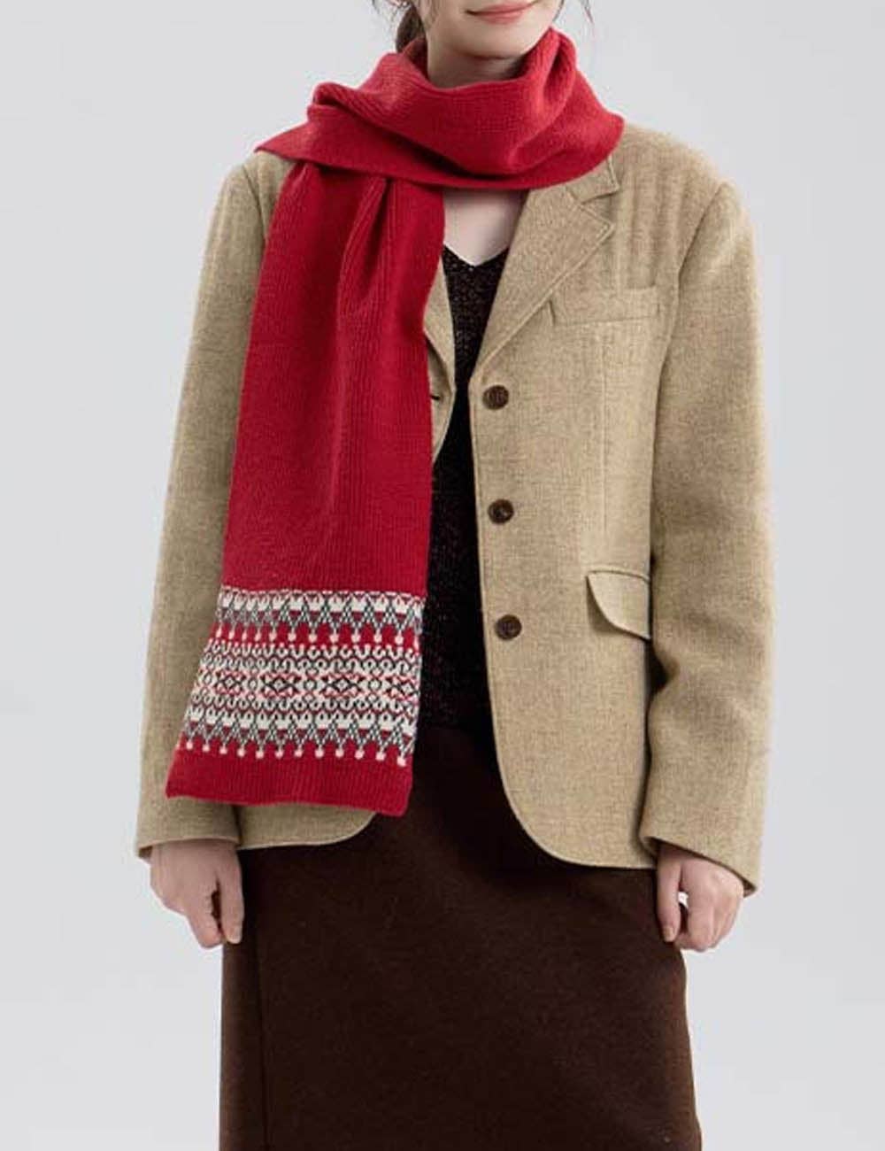 Fair Isle Knit Scarf - Red