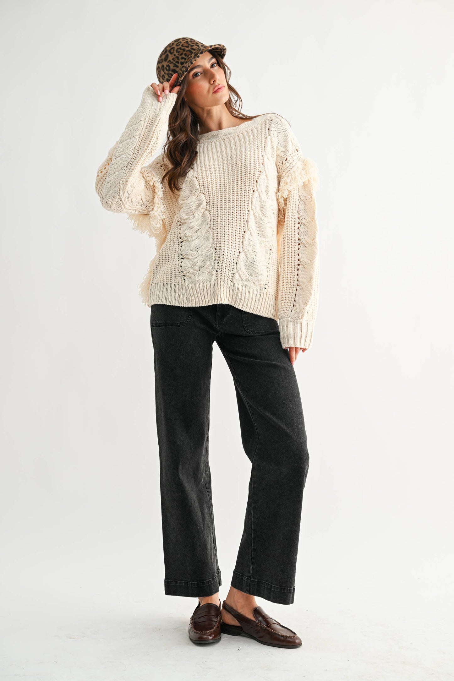 Nina Fringe Cable Knit Sweater