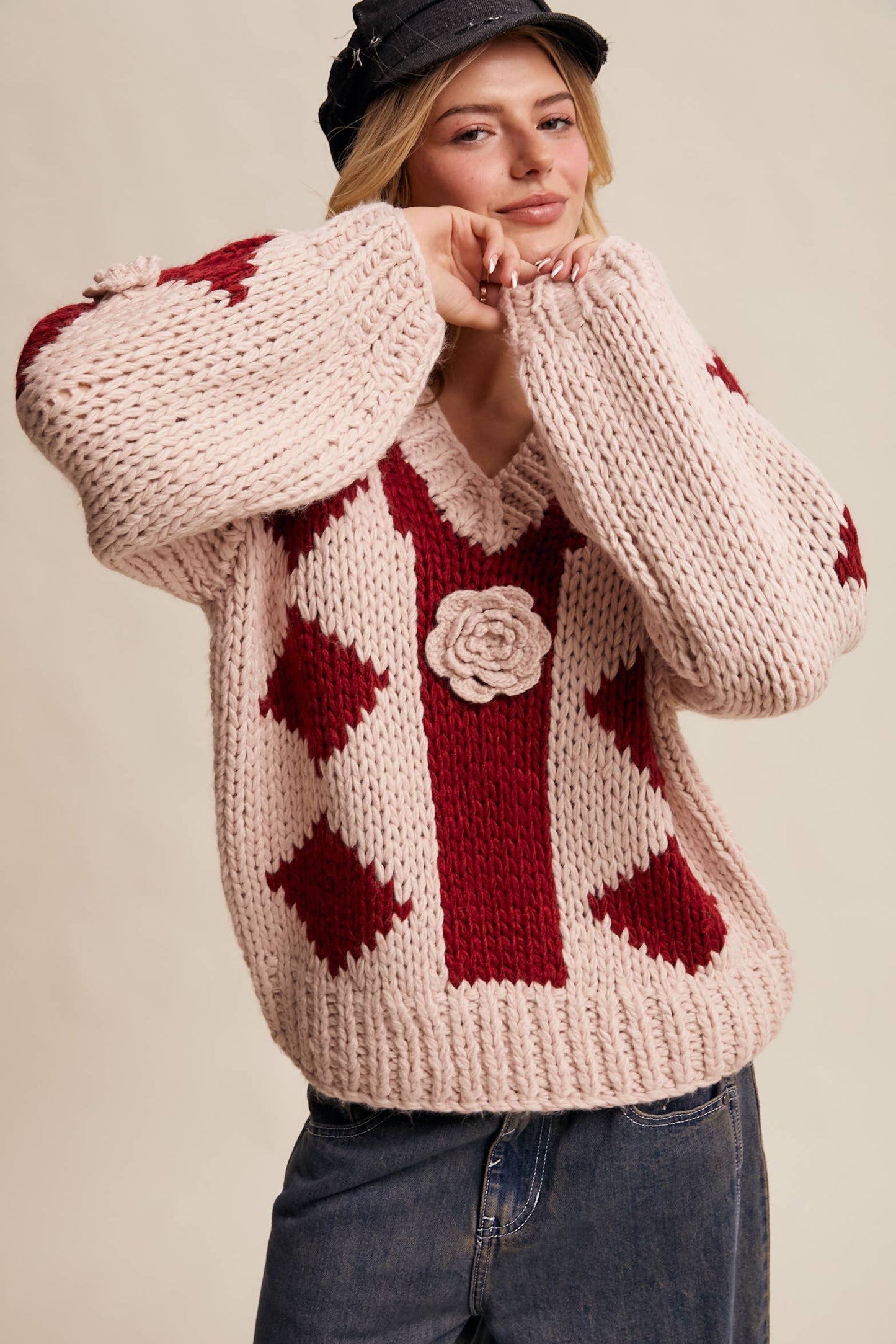 Layla 3D Floral Handmade Argyle Sweater