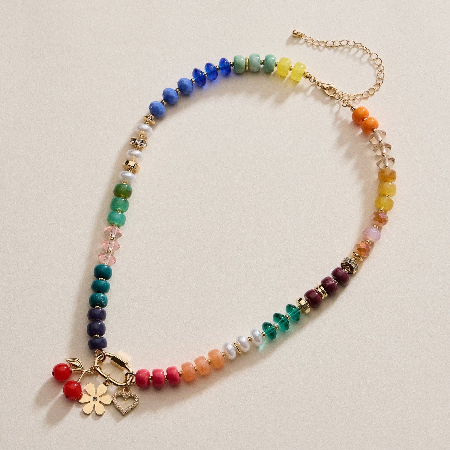 Glass Stone & Charm Necklace - Three Colors