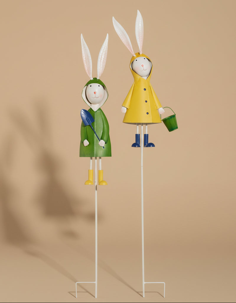 Raincoat Rabbits Metal Garden Stakes