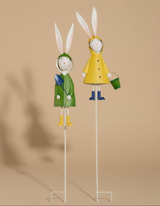Raincoat Rabbits Metal Garden Stakes