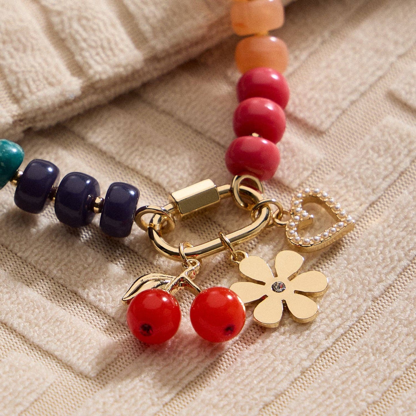 Glass Stone & Charm Necklace - Three Colors