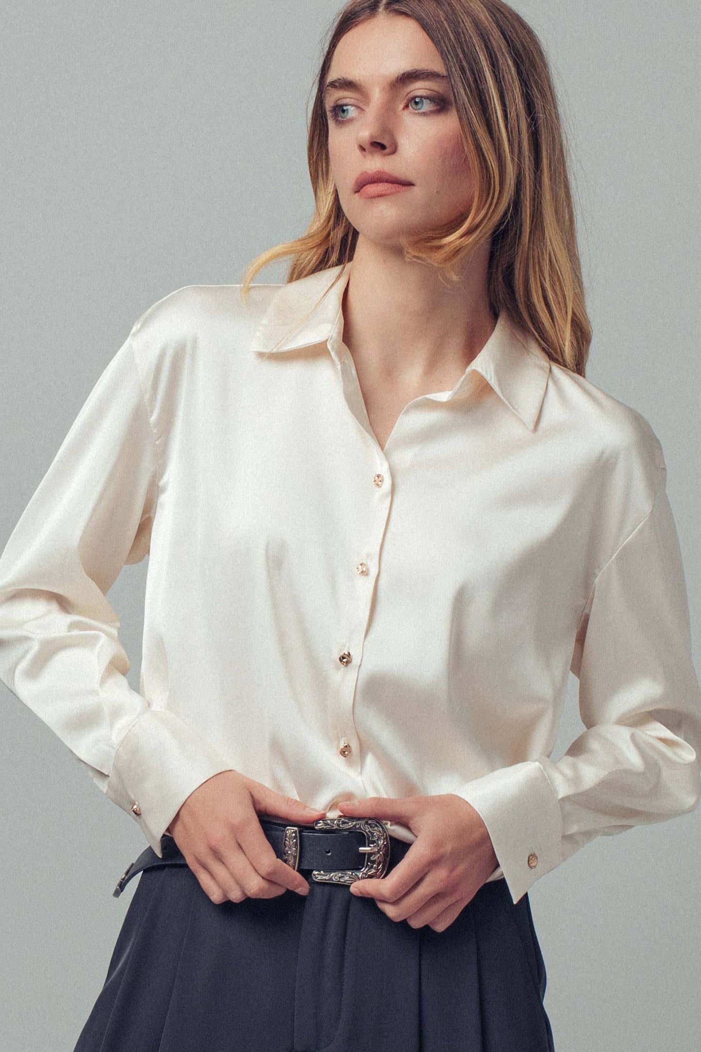 Jewel Satin Button Down Blouse