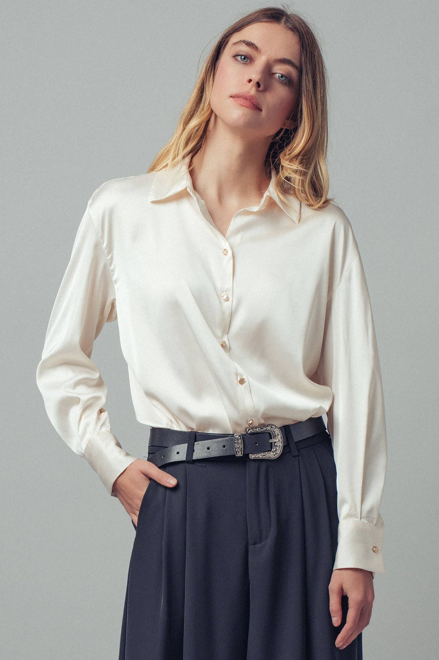 Jewel Satin Button Down Blouse