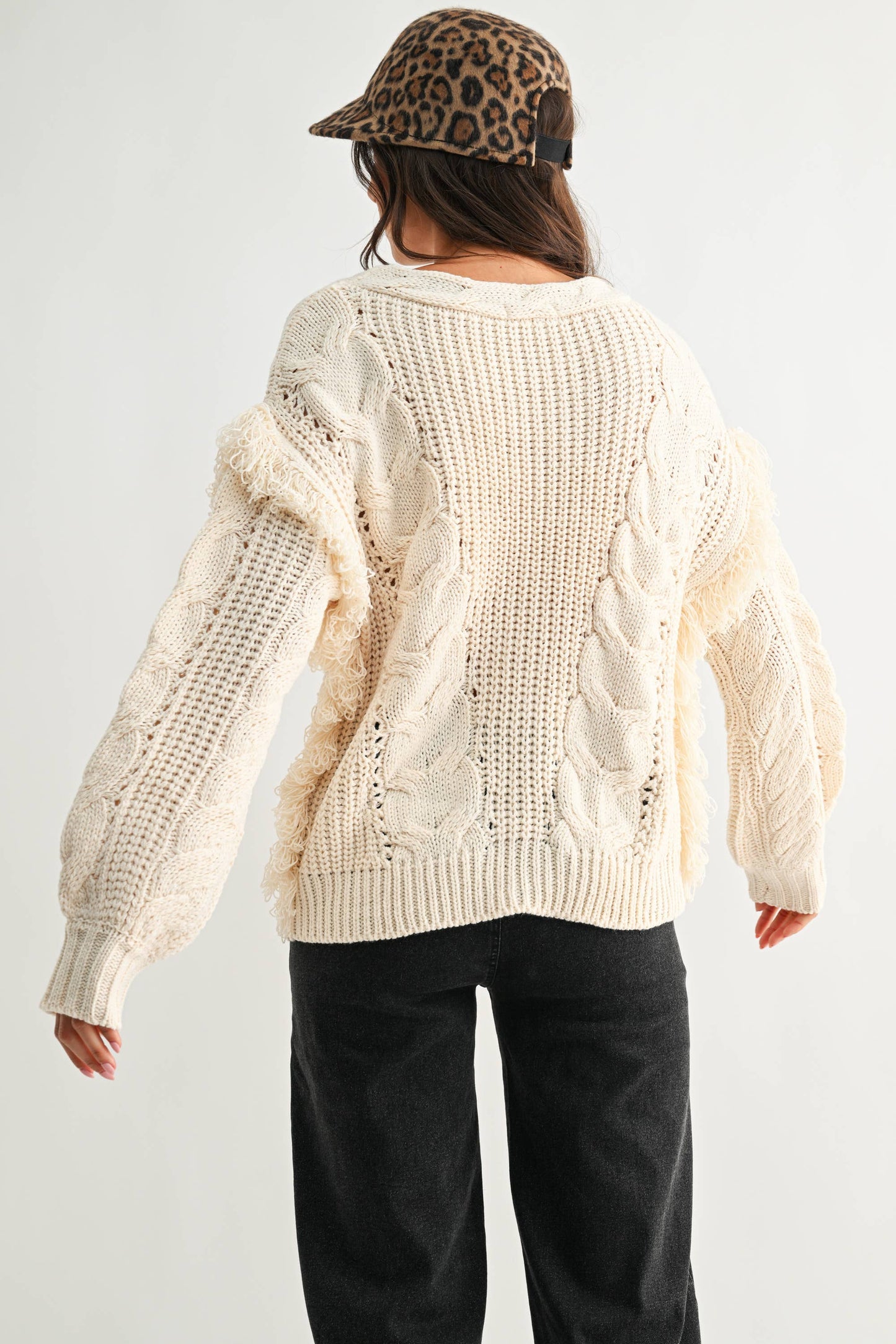 Nina Fringe Cable Knit Sweater