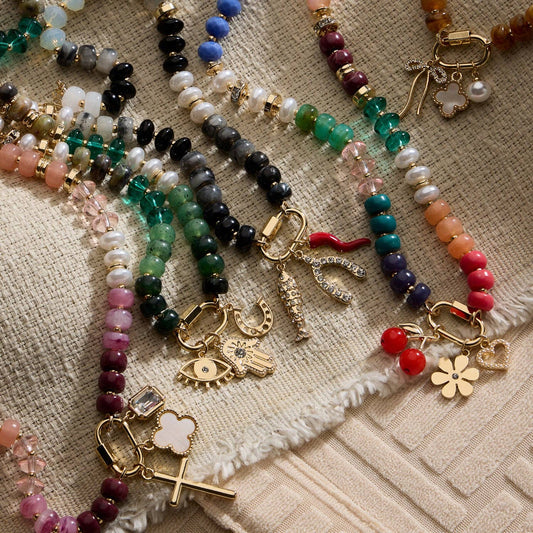 Glass Stone & Charm Necklace - Three Colors