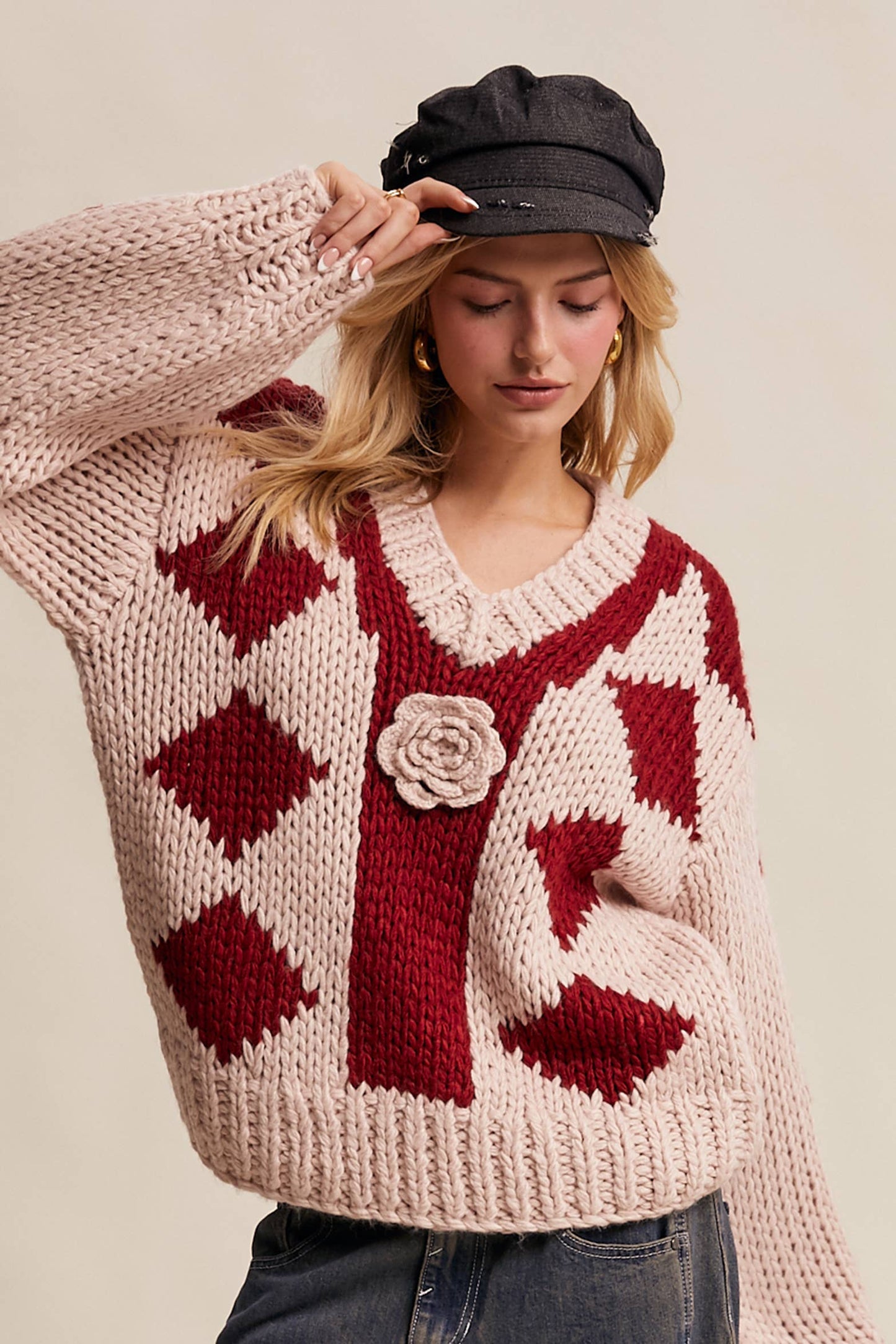 Layla 3D Floral Handmade Argyle Sweater