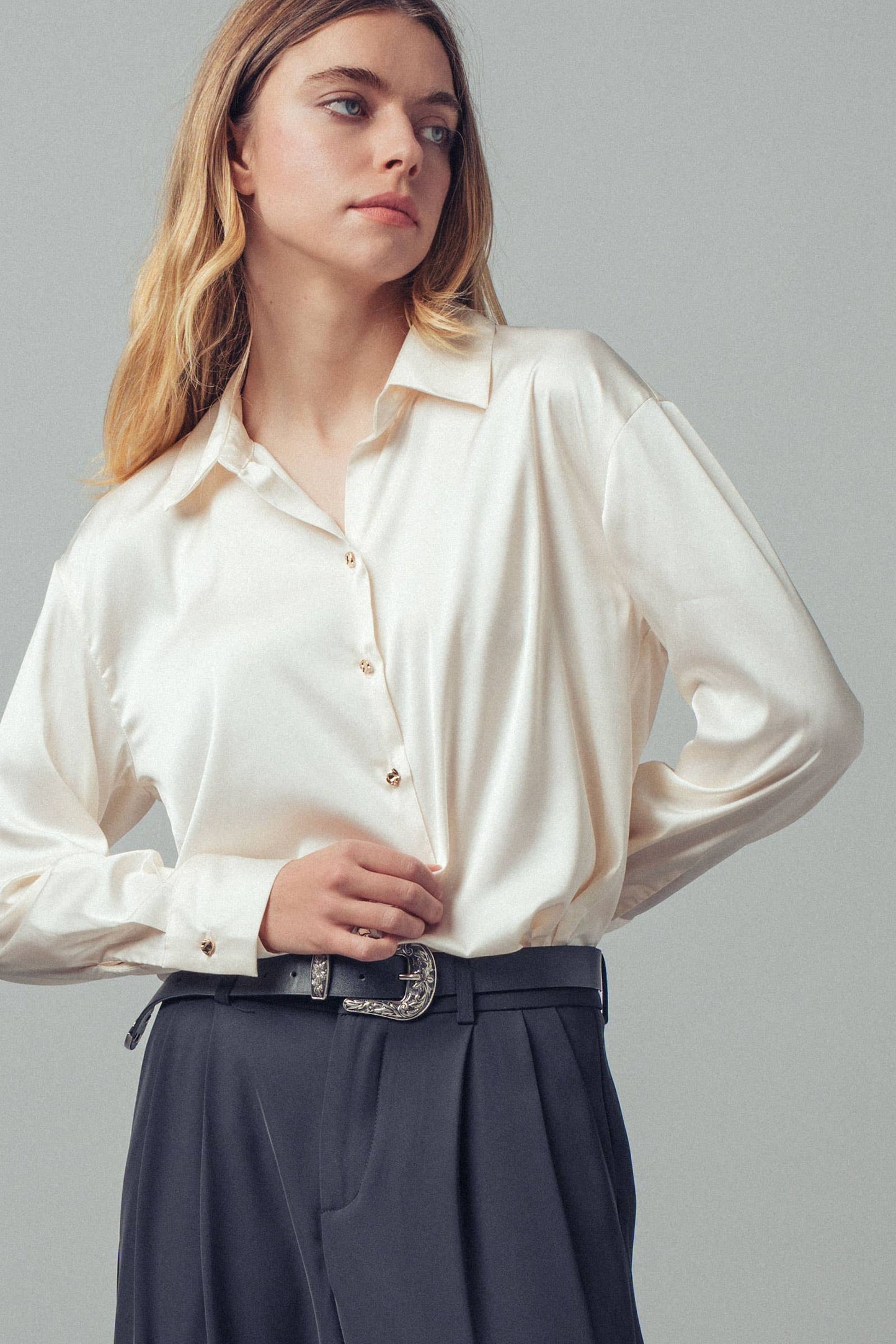 Jewel Satin Button Down Blouse