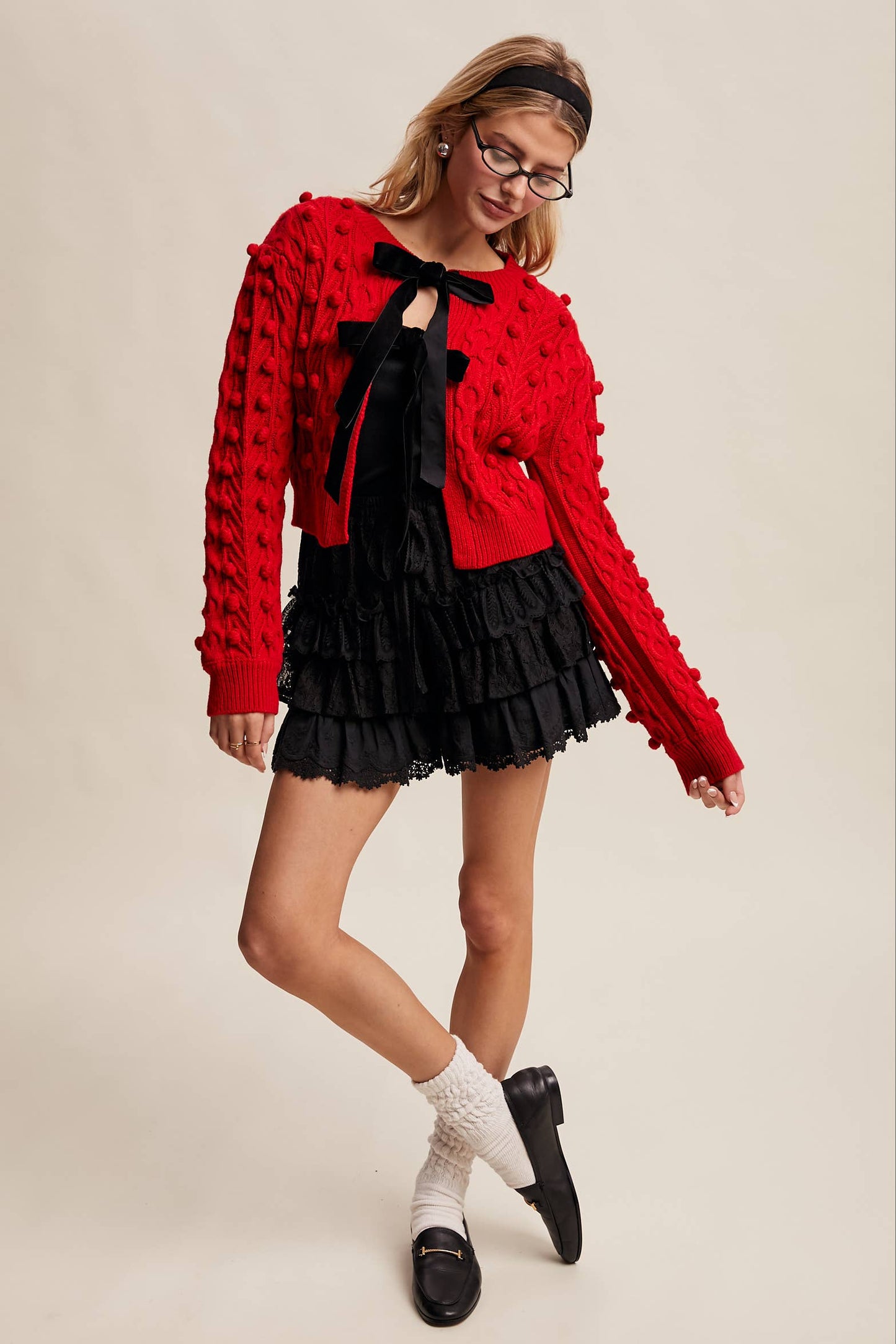 Noel Bow Pom Tie Cardigan