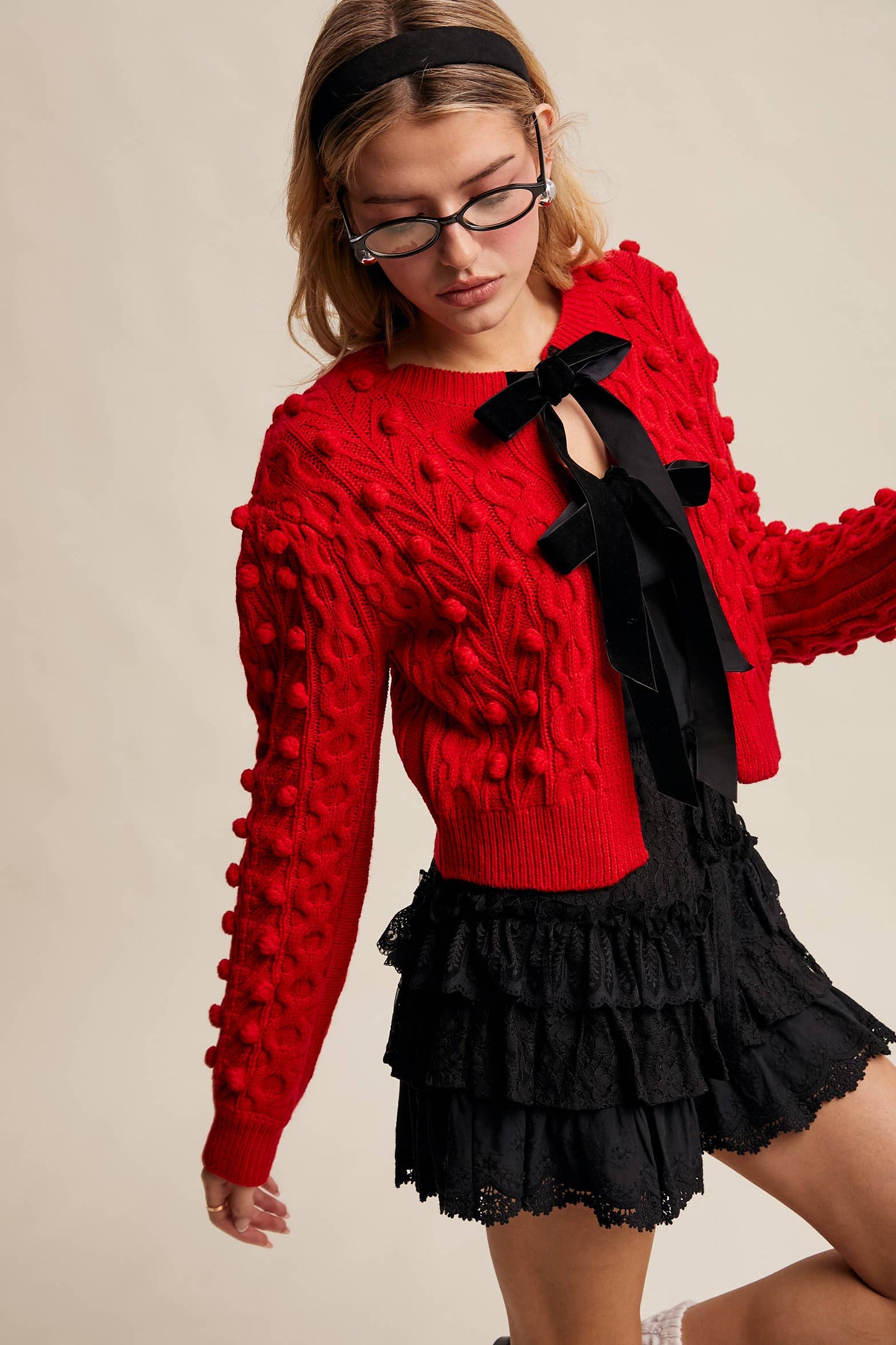 Noel Bow Pom Tie Cardigan