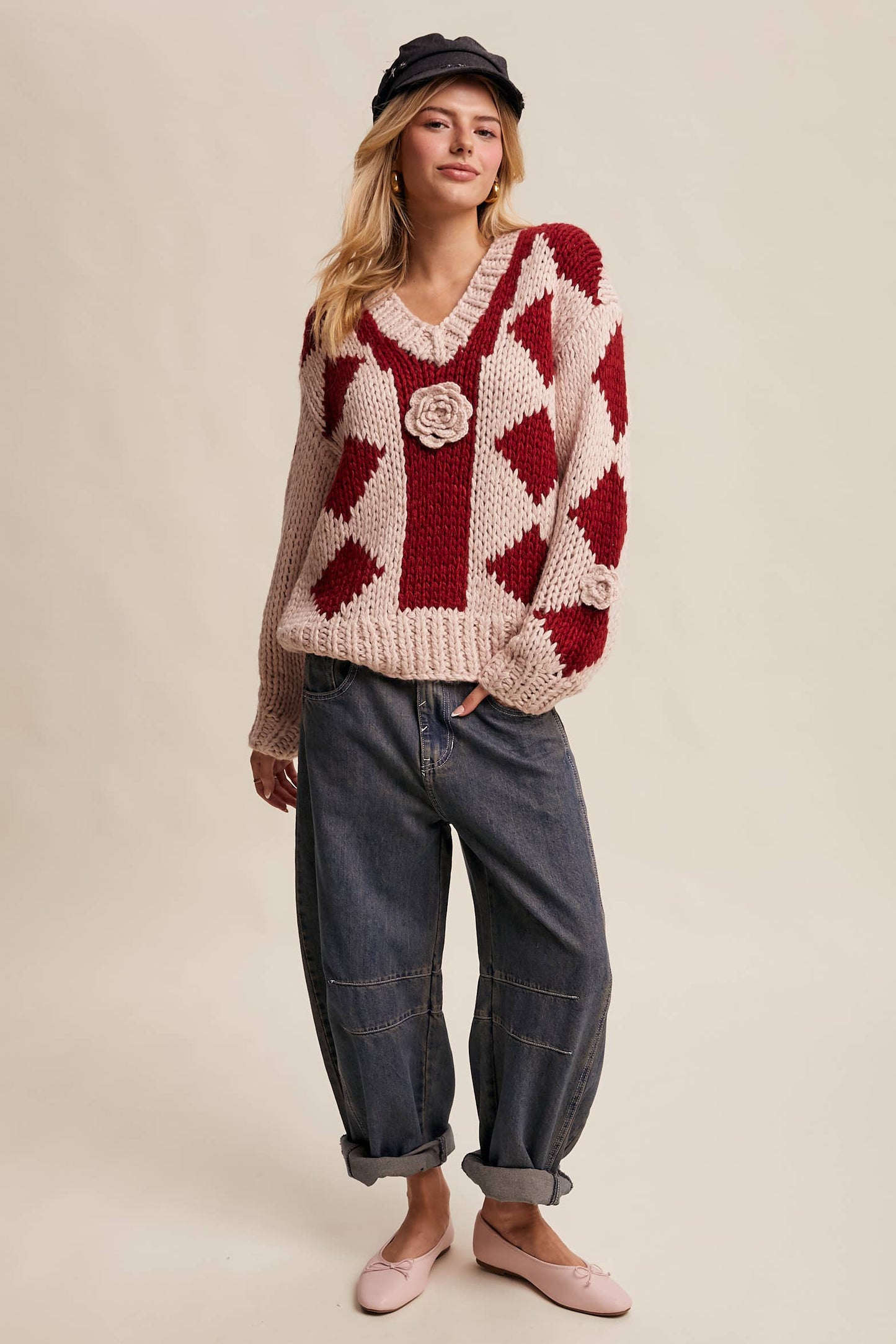 Layla 3D Floral Handmade Argyle Sweater