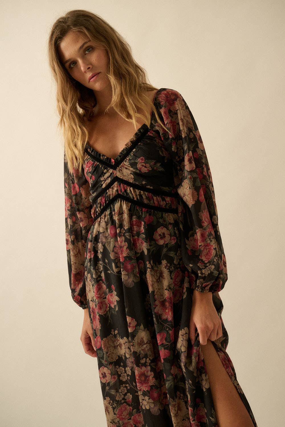 Violet Velvet Trim Maxi Dress