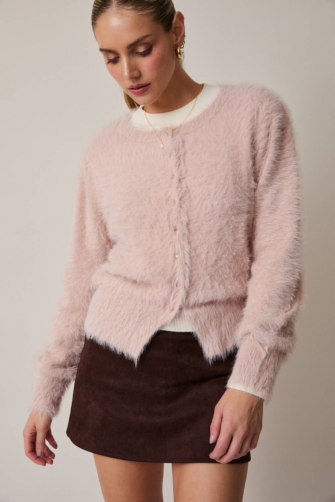 Kaley Fuzzy Crew Neck Cardigan