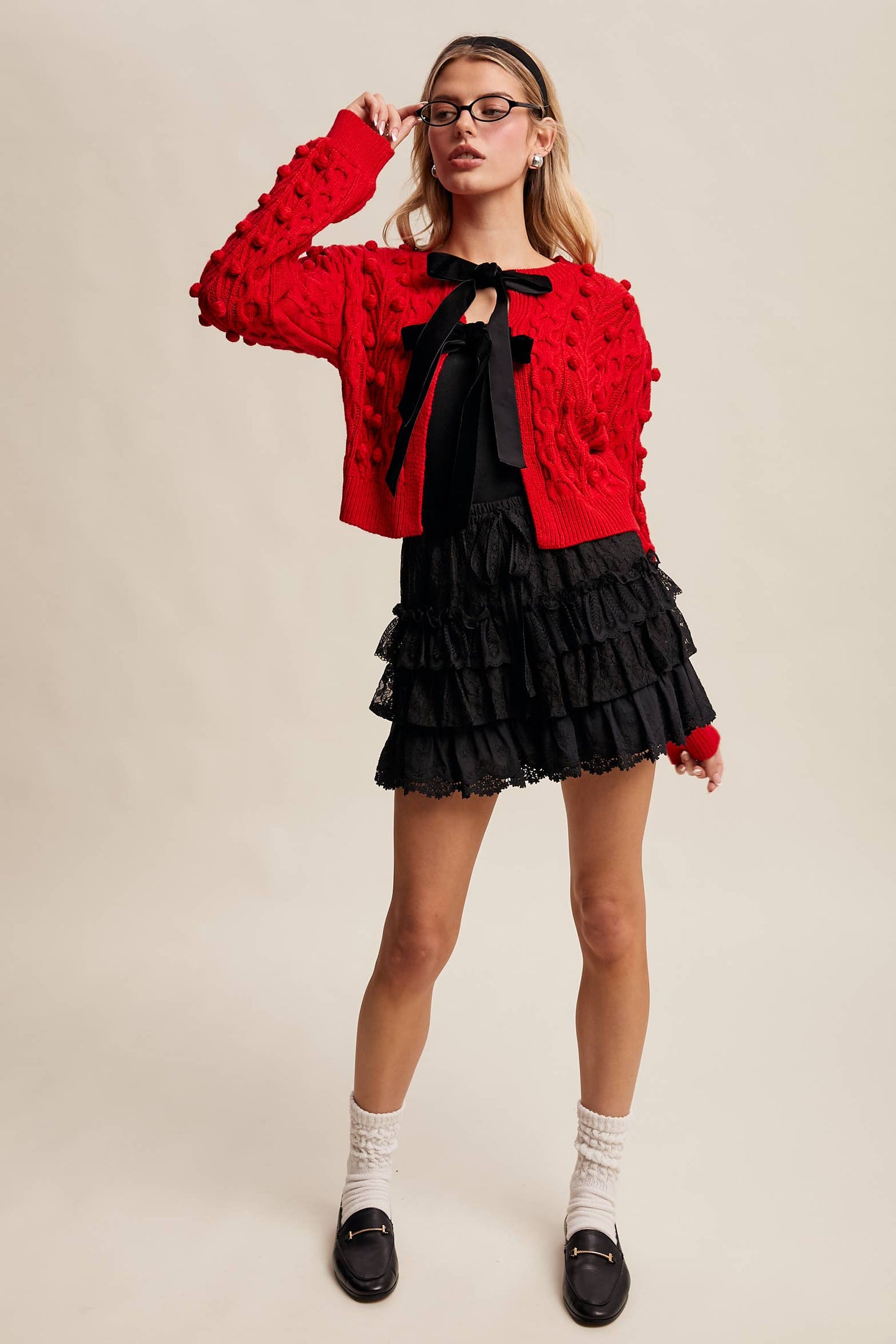 Noel Bow Pom Tie Cardigan