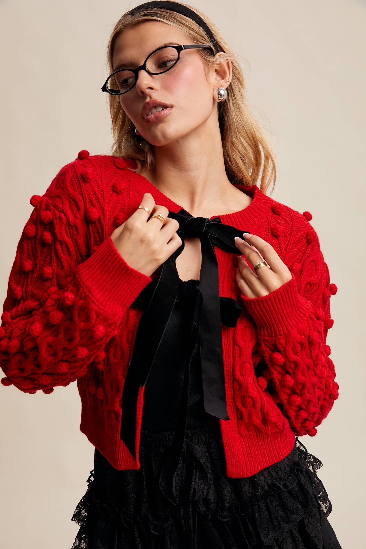 Noel Bow Pom Tie Cardigan