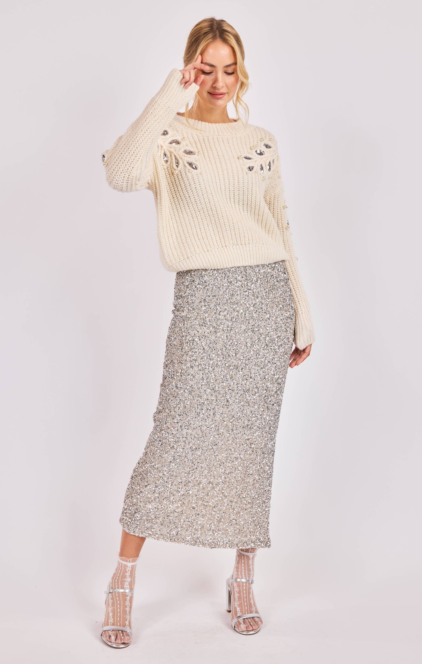 Monroe Leaf Cutout Embellished Sweater