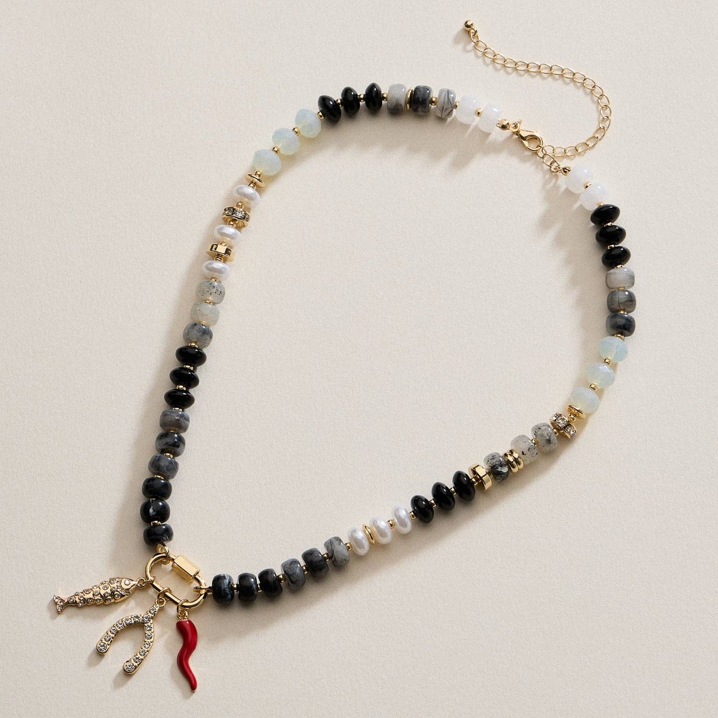 Glass Stone & Charm Necklace - Three Colors